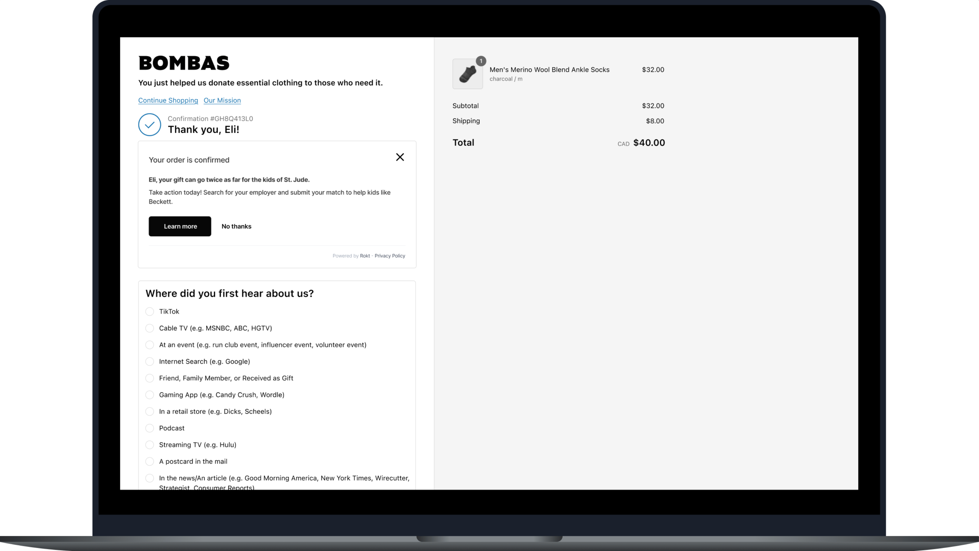 Bombas Thank You Page