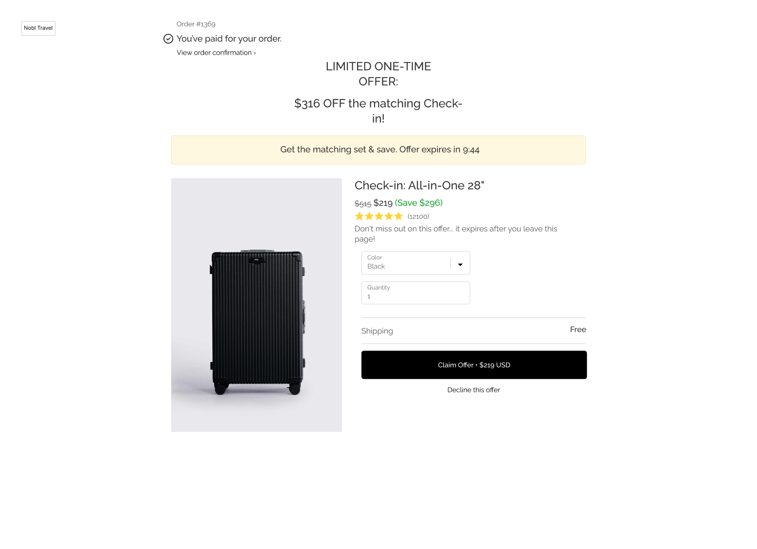 Nobl Travel Post Purchase Upsell
