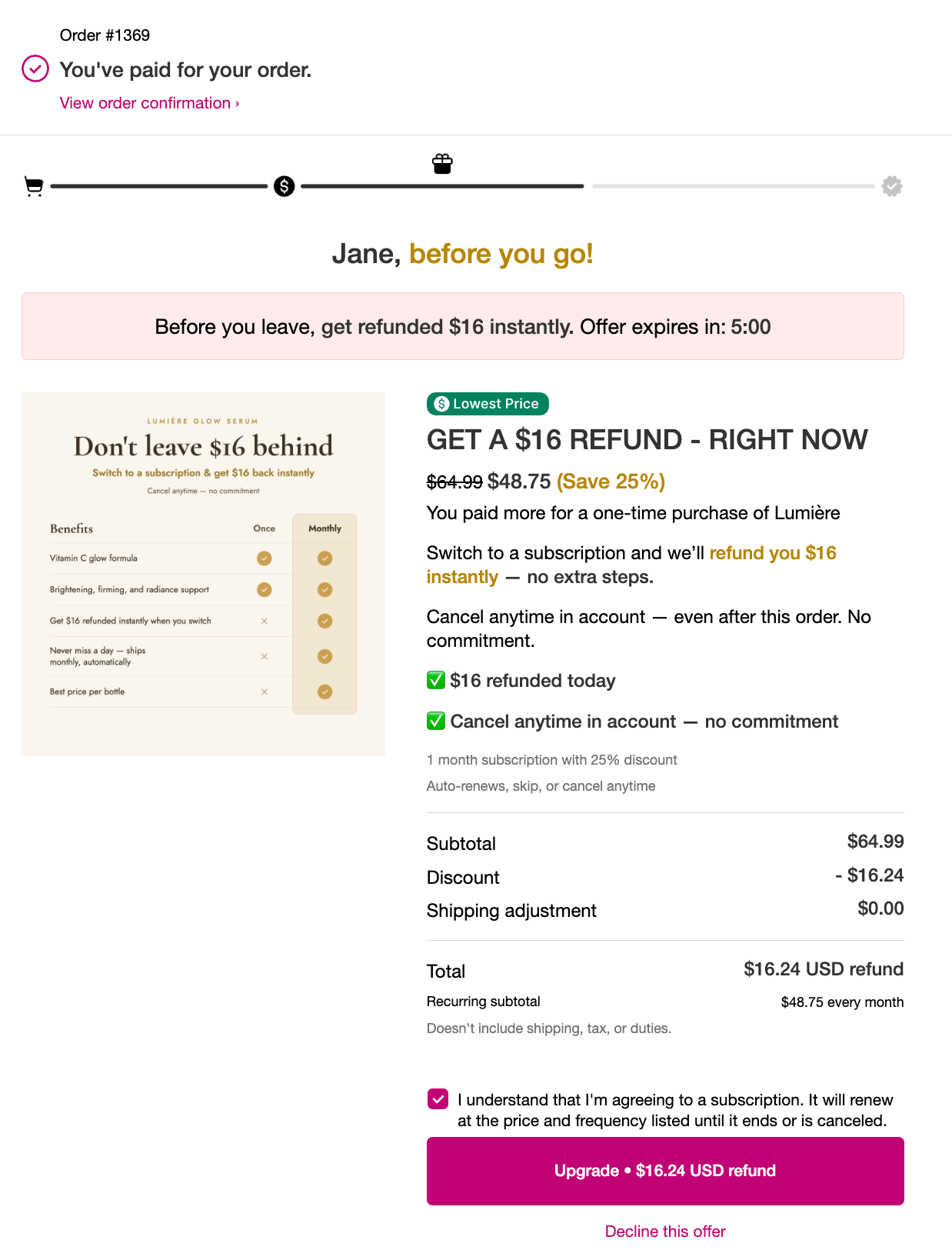 One-time to Subscription Upsell
