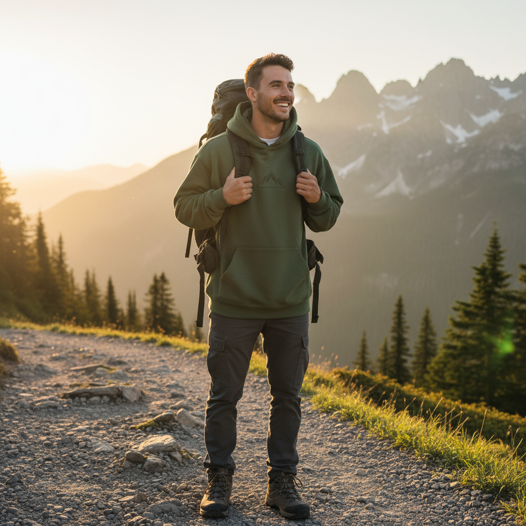 Man wearing Expedition Hoodie on mountain trail at golden hour