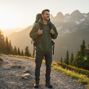 Man wearing Expedition Hoodie on mountain trail at golden hour