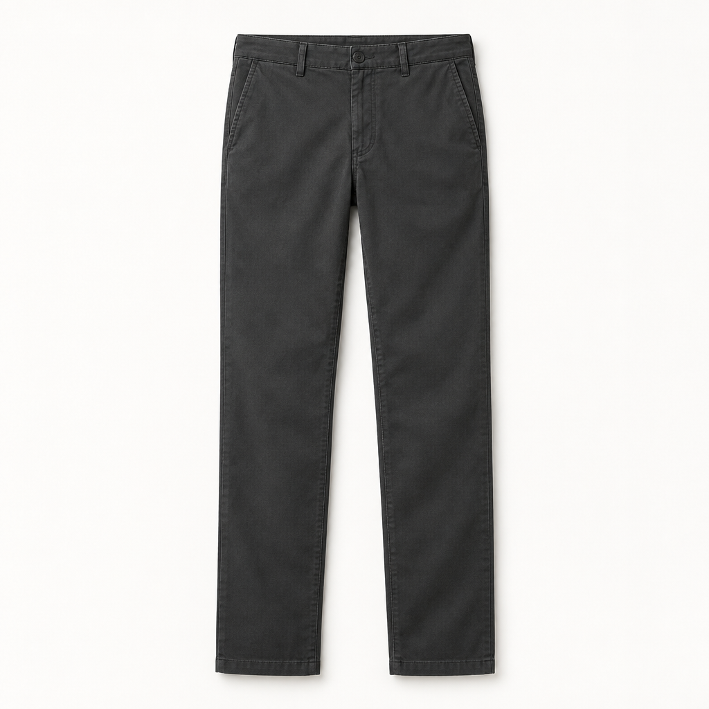Charcoal straight-leg twill chino pants on warm white background