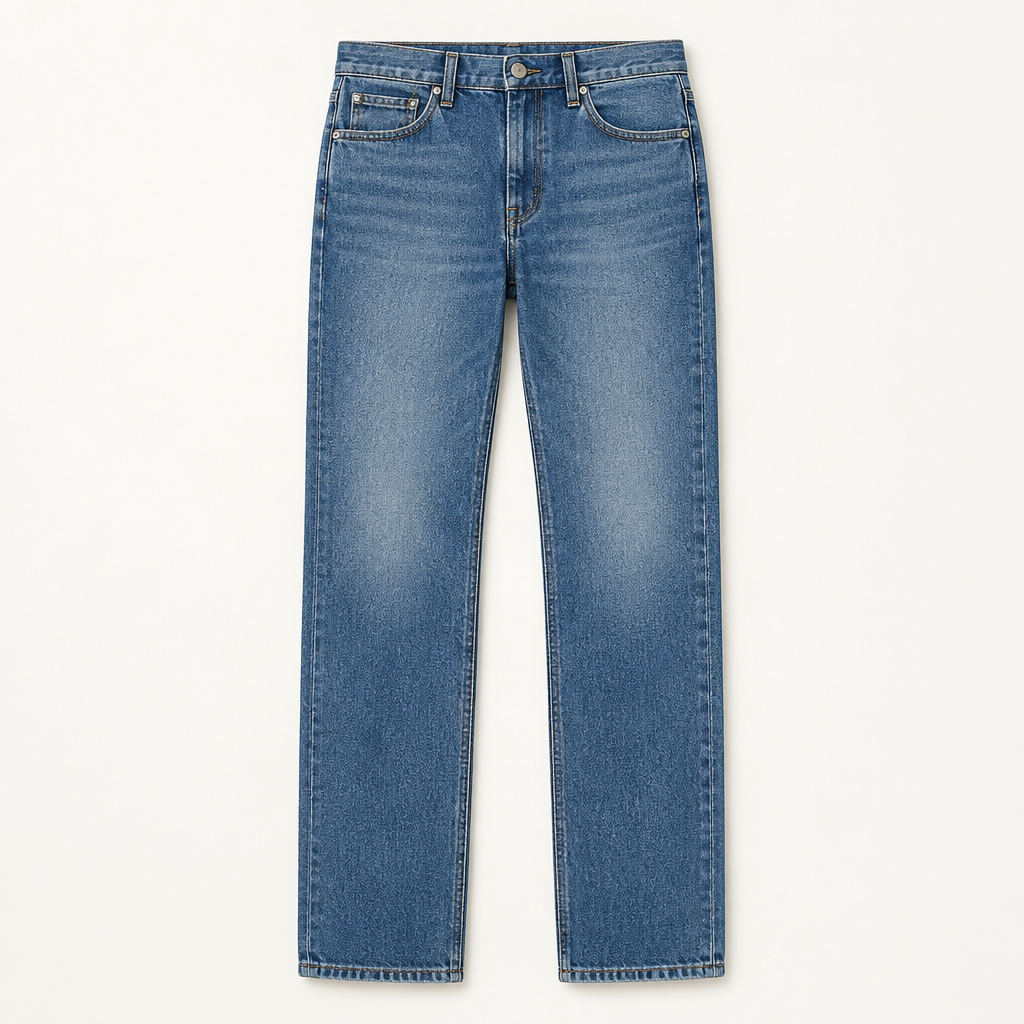 Medium-wash blue casual jeans on warm white background