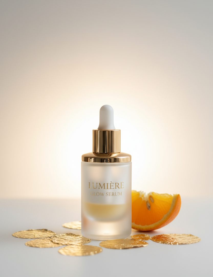 Lumière Glow Serum hero PDP shot — centered frosted bottle with gold glow on white background