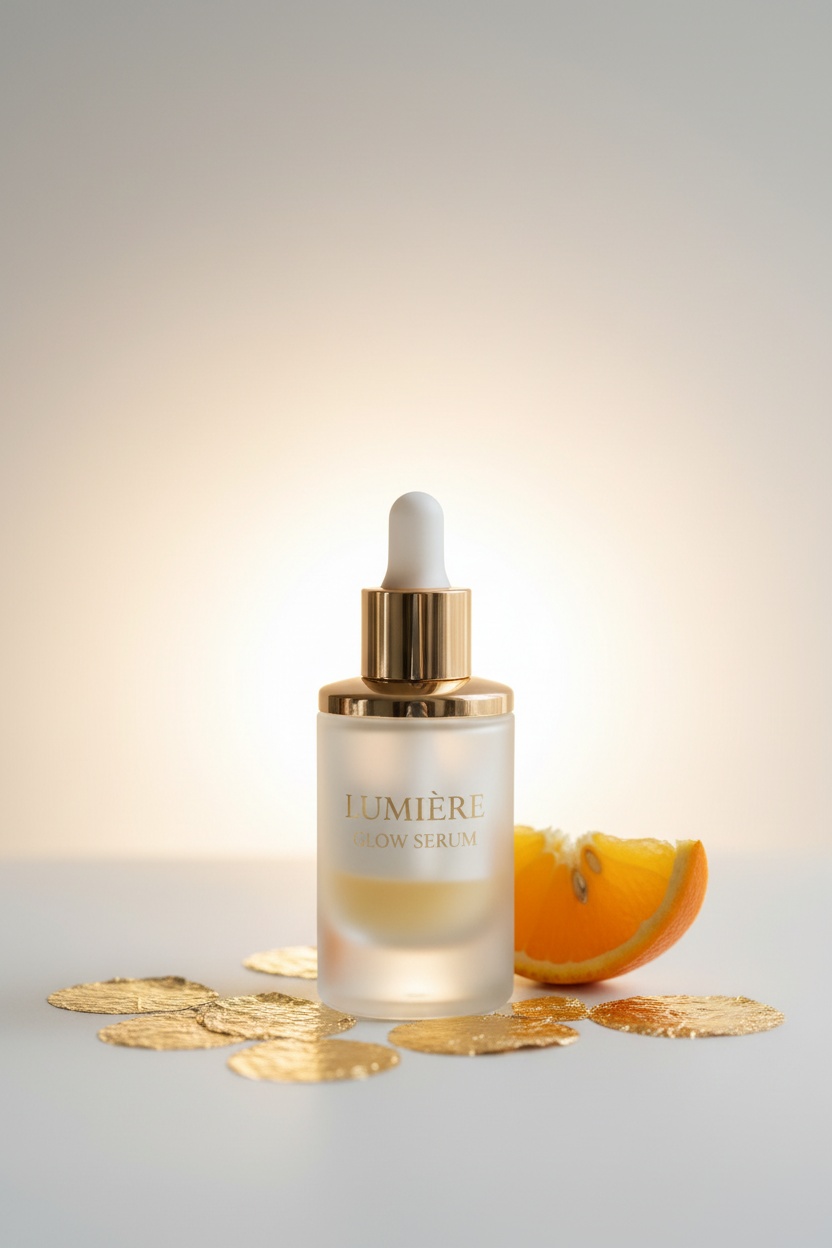 Lumière Glow Serum hero PDP shot — centered frosted bottle with gold glow on white background