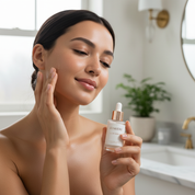 Woman with glowing skin applying Lumière Glow Serum