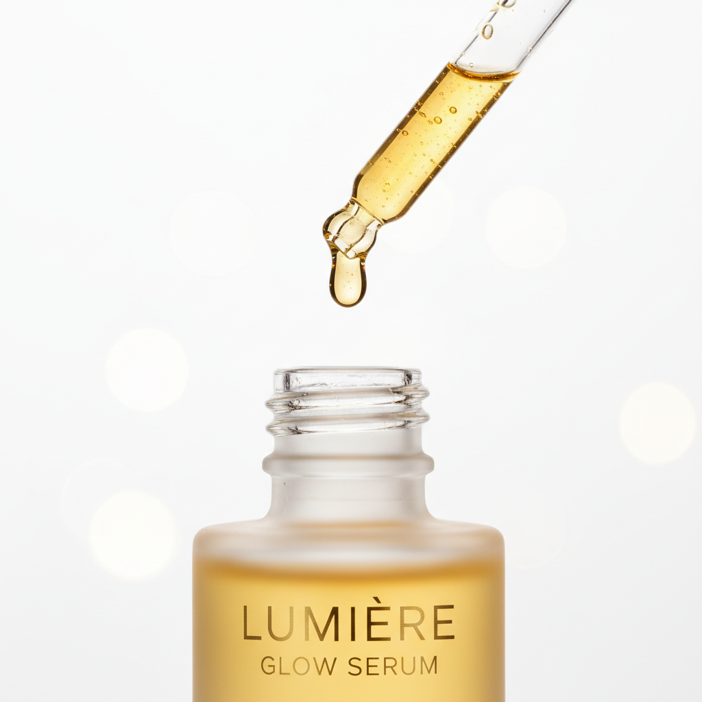 Lumière Glow Serum dropper close-up with golden serum drop