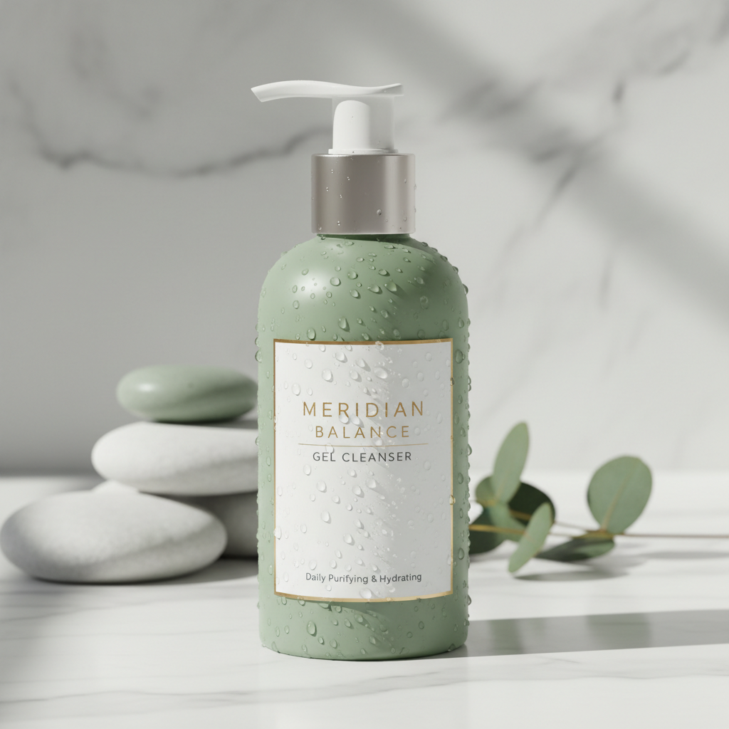 Meridian Balance Gel Cleanser bottle on white marble background