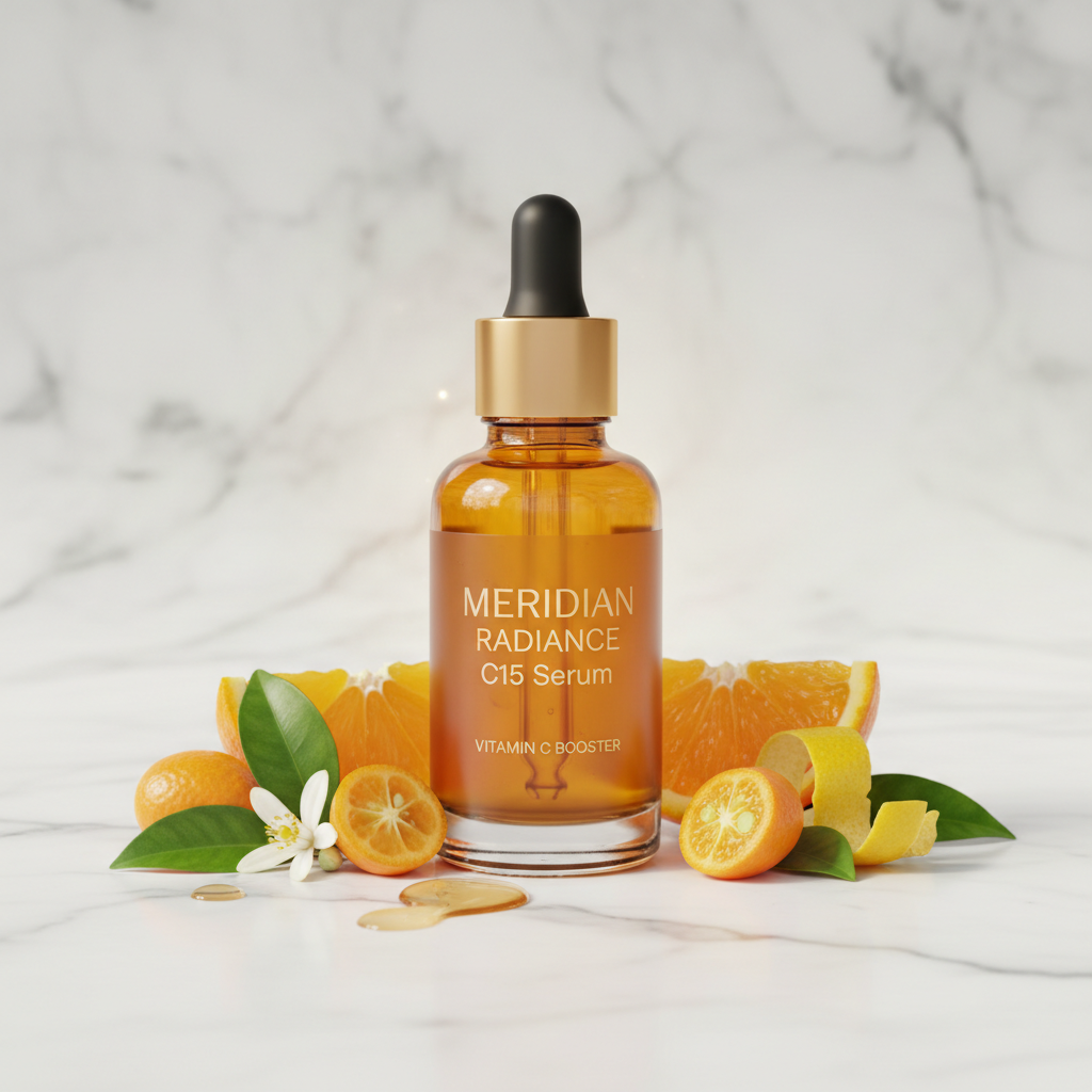 Meridian Radiance C15 Serum amber dropper bottle on white marble background