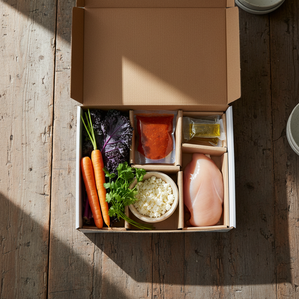 Open meal kit box with fresh raw ingredients neatly arranged in compartments