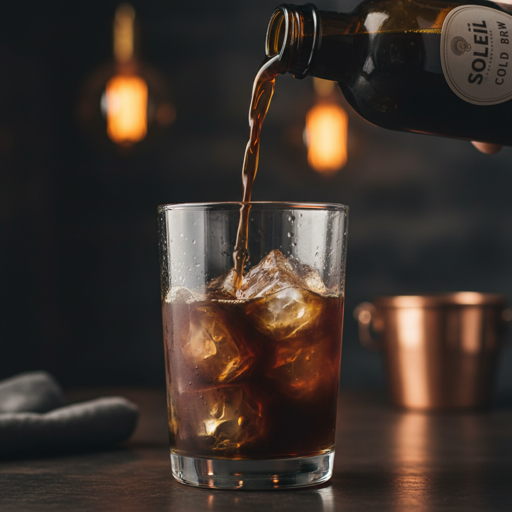 Soleil Cold Brew being poured over ice in a clear glass