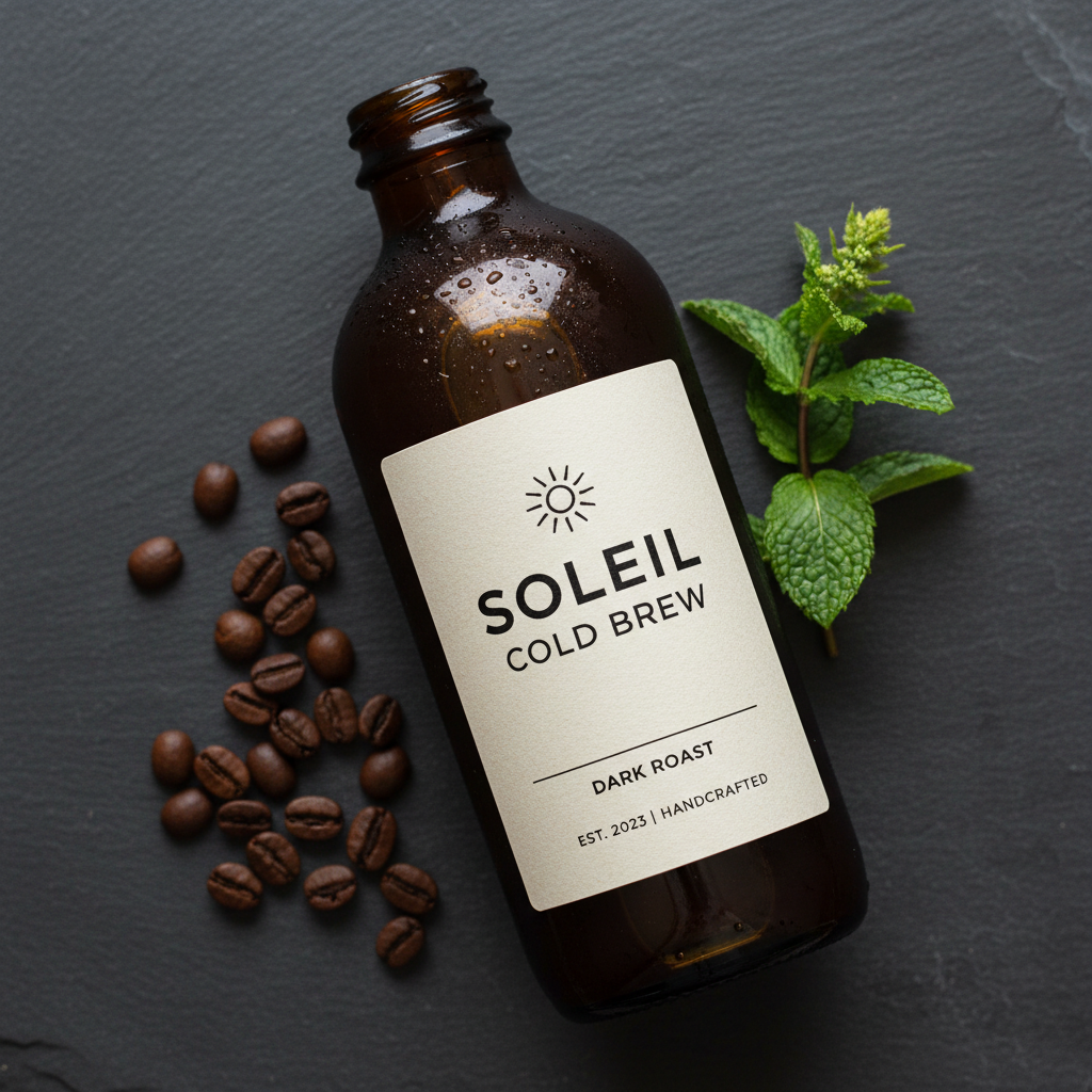 Soleil Cold Brew label detail flat lay with coffee beans on dark slate