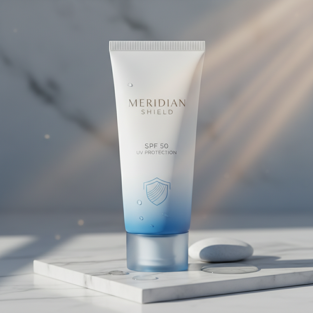 Meridian Shield SPF 50 sunscreen tube on white marble background
