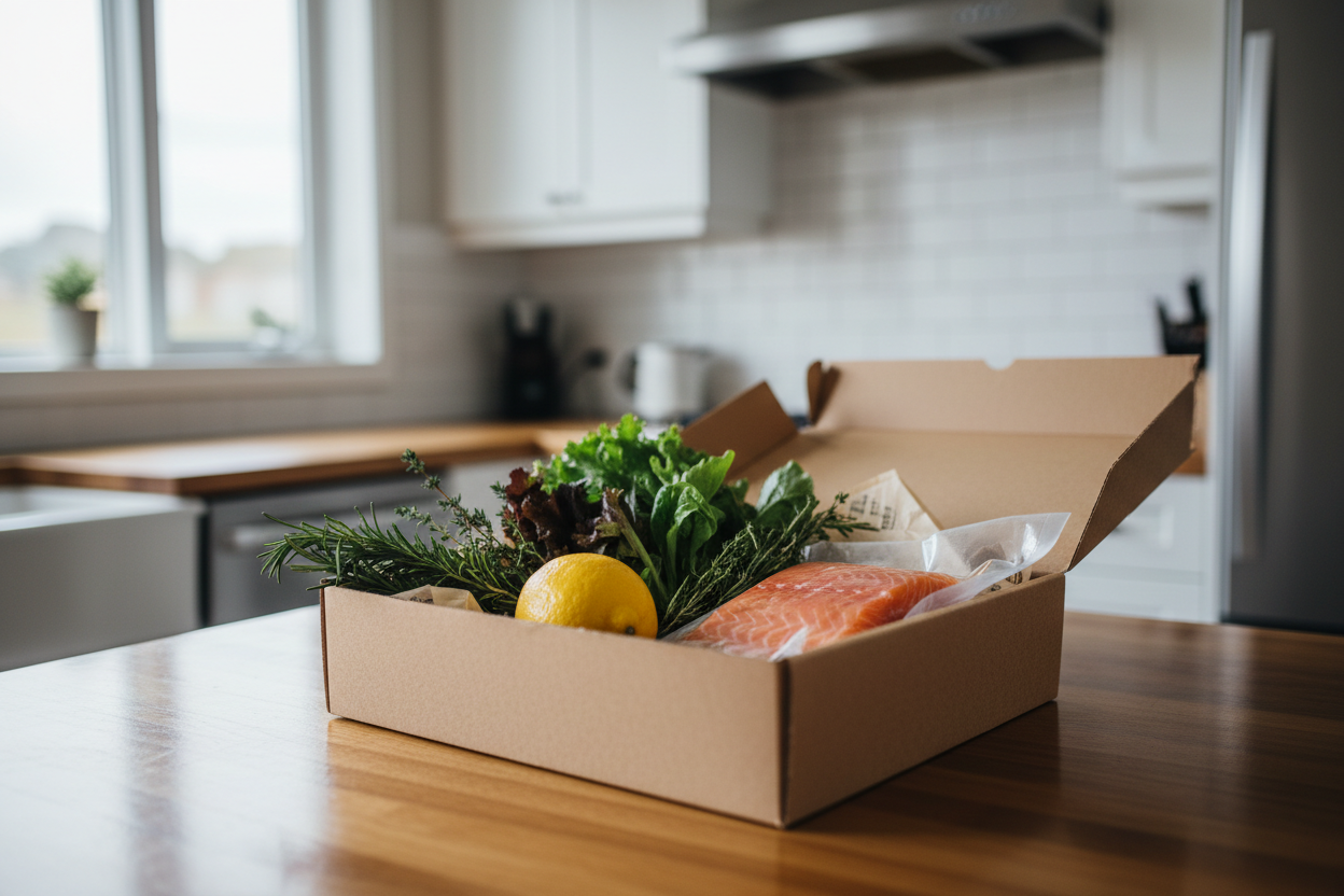 Realistic angled photo of a meal kit box with lid open on a kitchen counter