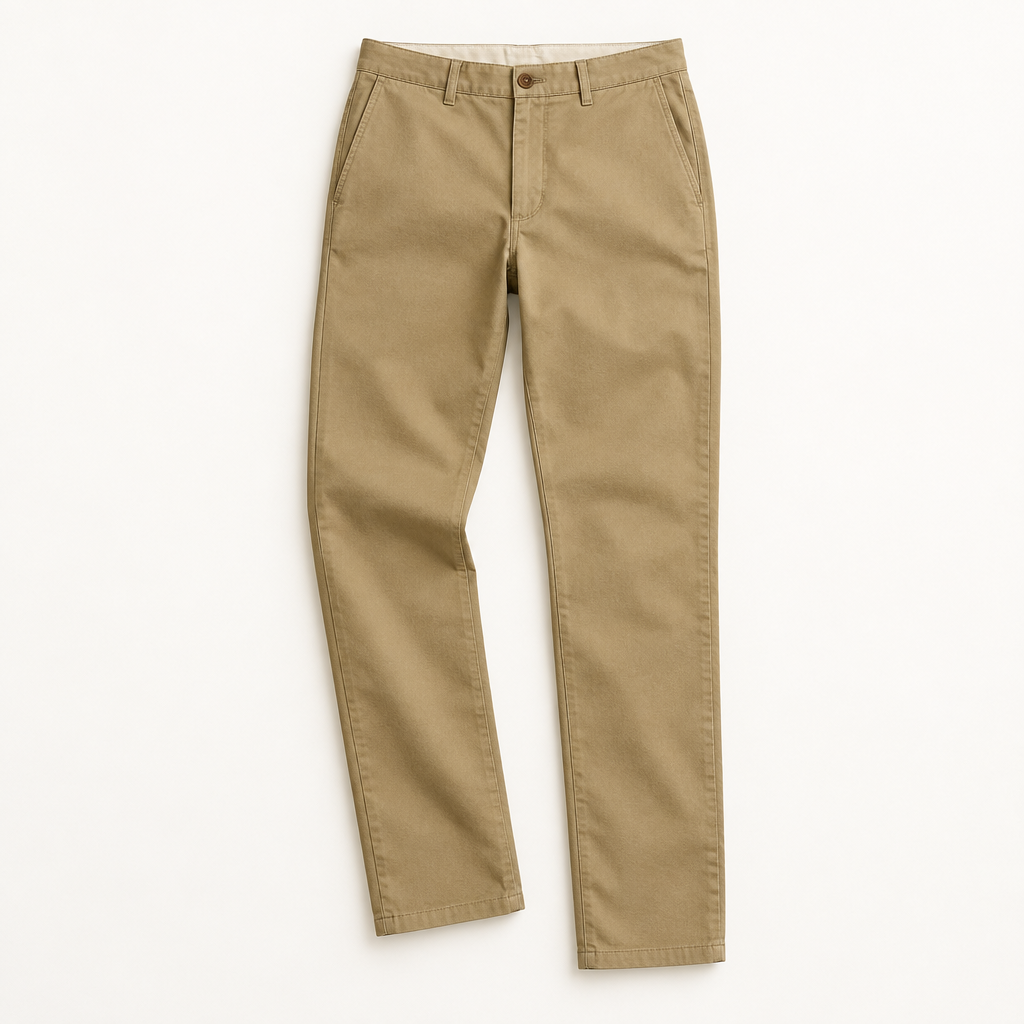 Khaki chino pants on a warm white background