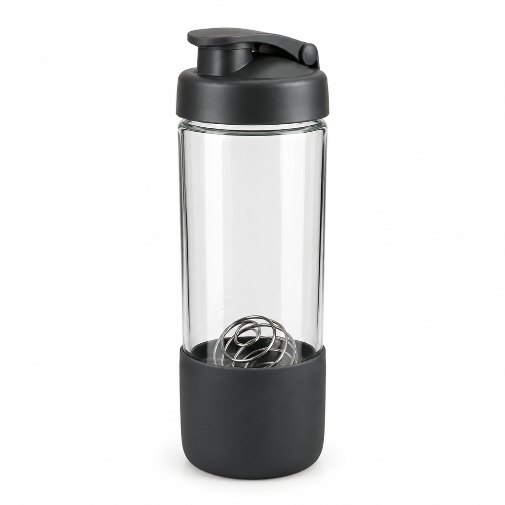 Clear glass workout shaker with charcoal sports lid and protective sleeve on a white background
