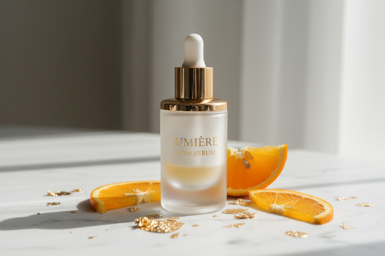 Lumière Glow Serum hero shot on marble with gold leaf and orange slices