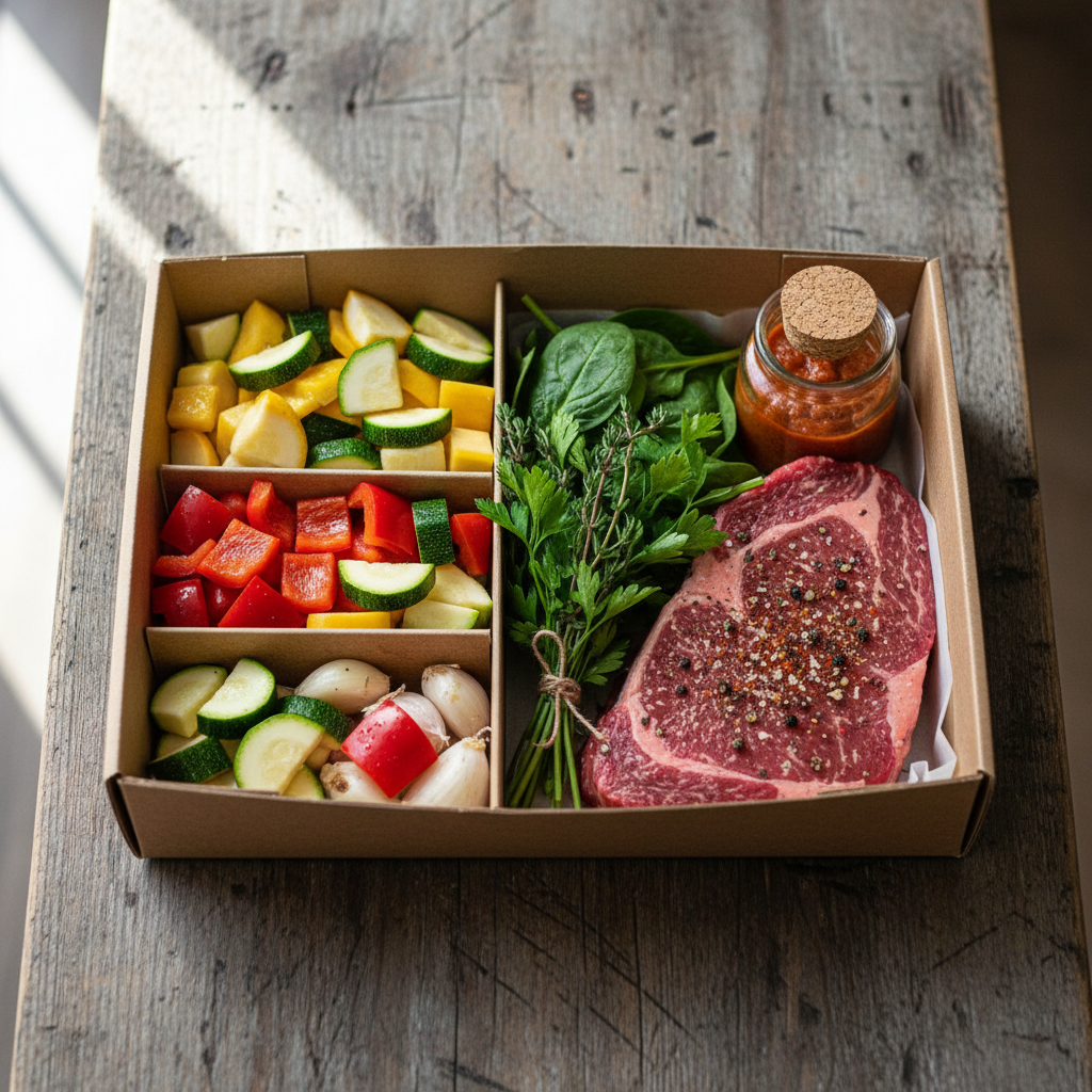 Realistic overhead photo of an open meal kit box with fresh raw ingredients on a wood table
