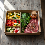 Realistic overhead photo of an open meal kit box with fresh raw ingredients on a wood table