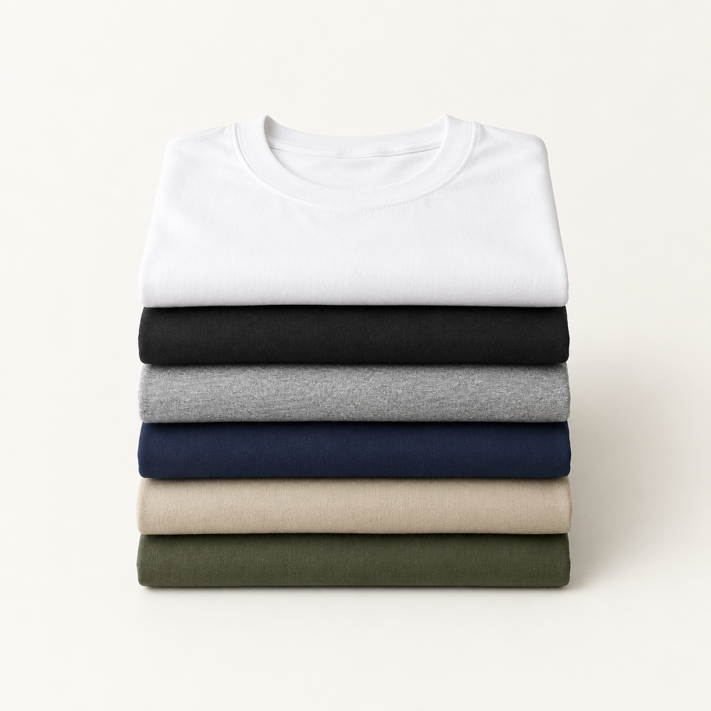 Six folded T-shirts in white, black, gray, navy, sand, and olive